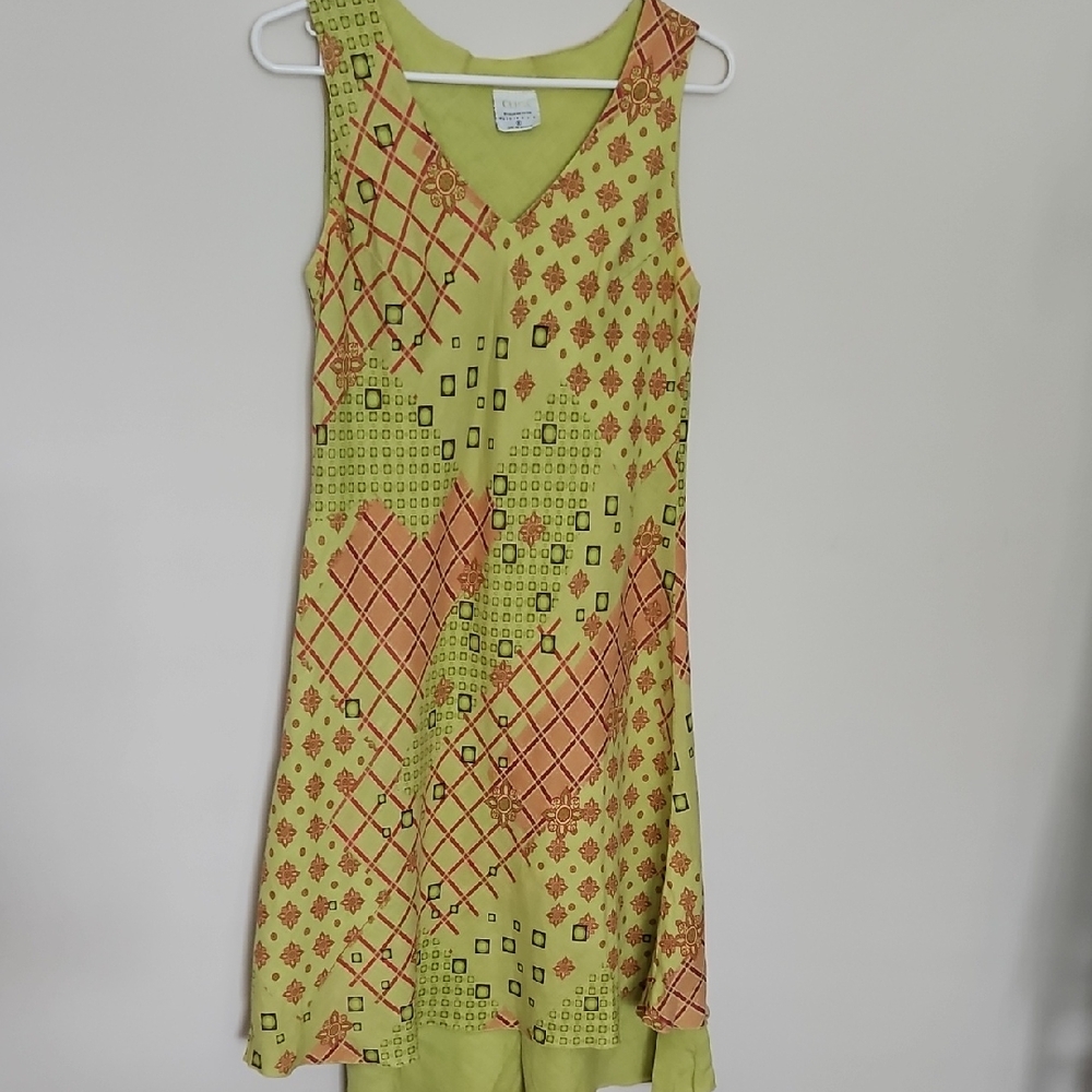 100% Linen Made In USA Geometric Patterned Layered Green Dress Womens S